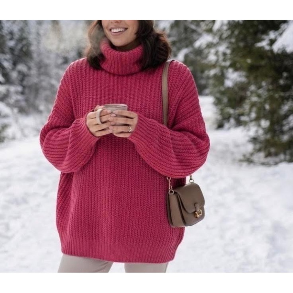 Free People Hot Pink Oversized Shaker Knit Turtleneck Sweater Small